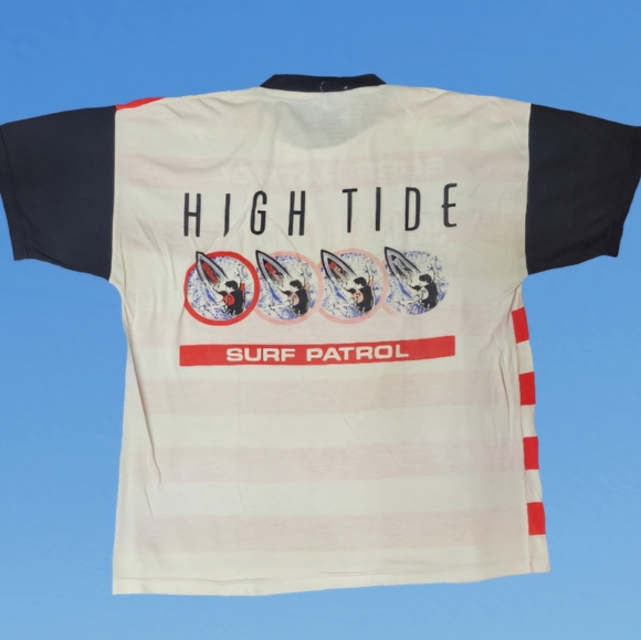 Vintage 1980s Wilson Tshirt All Over Print Striped High Tide Surf Patrol XL - Picture 4 of 6
